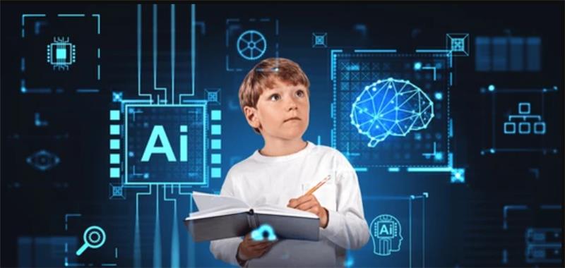 Child holding a notebook surrounded by AI digital icons, illustrating how Asra Hub prepares young learners for an AI-driven future